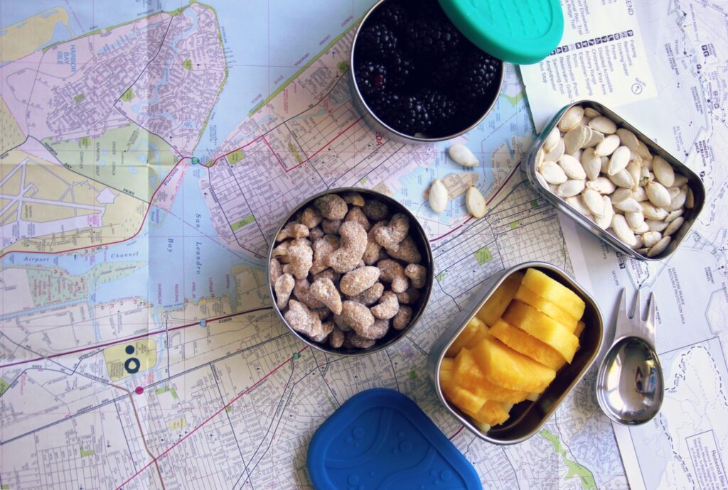 Snacks in portable small metal containers